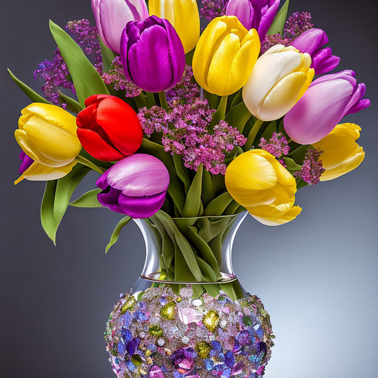 Colorful Tulip Bouquet in Mosaic Glass Vase on Gray Background