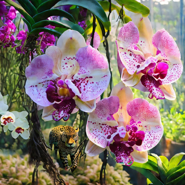 Vibrant pink and white spotted orchids with butterfly in lush green setting