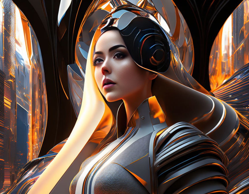 Futuristic female figure in ornate armor with elaborate helmet against glowing orange structures