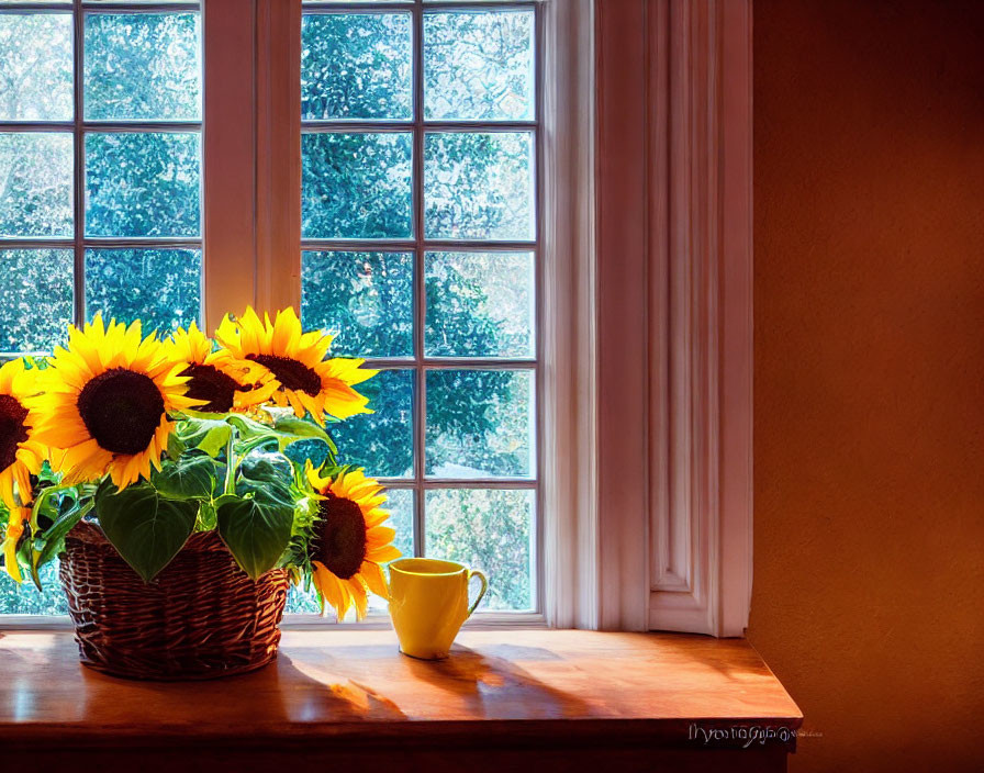 Sunflower basket and yellow mug on cozy windowsill