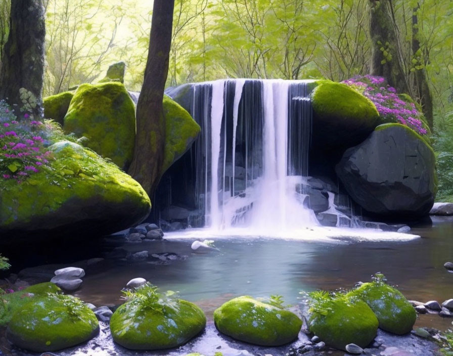 Tranquil forest scene with lush waterfall and purple flowers