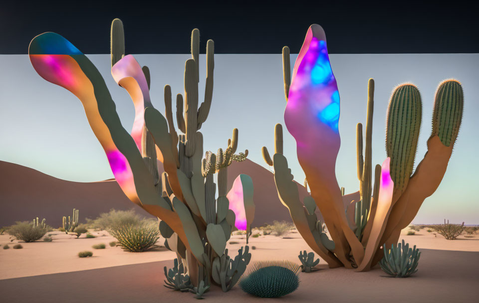 Vibrant iridescent cacti in surreal desert dusk.