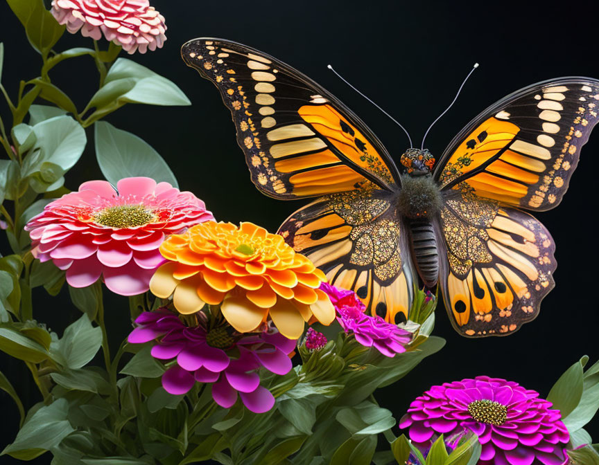 Colorful Monarch Butterfly on Zinnia Flowers in Dark Setting