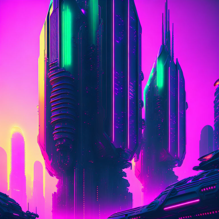 Futuristic cityscape with neon-lit skyscrapers in a pink sky