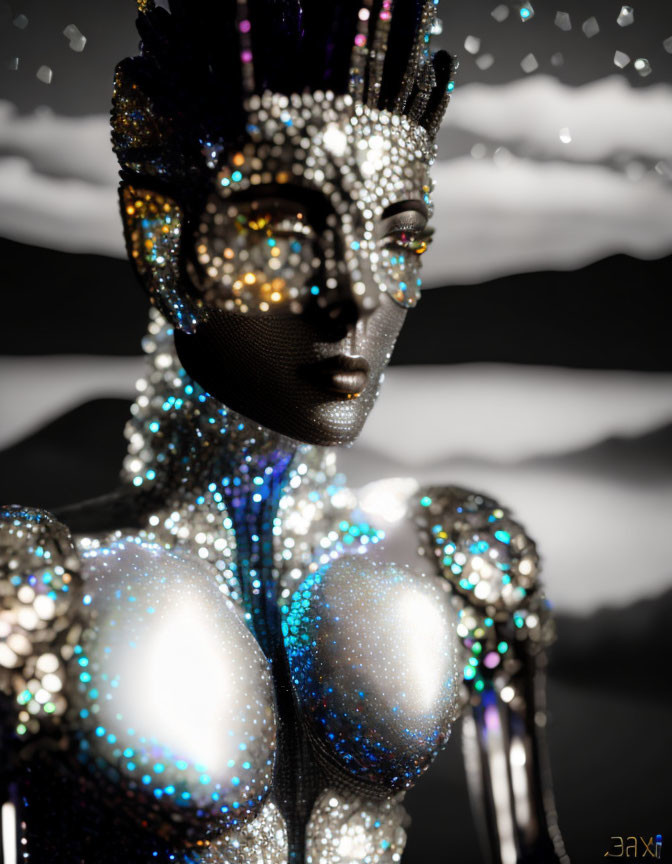 Mannequin adorned with jewels and crystals in front of dark mountains