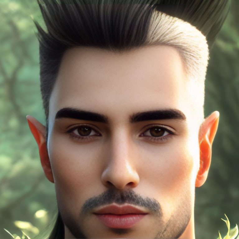 Fantasy male character with pointed ears, modern hairstyle, and well-groomed beard