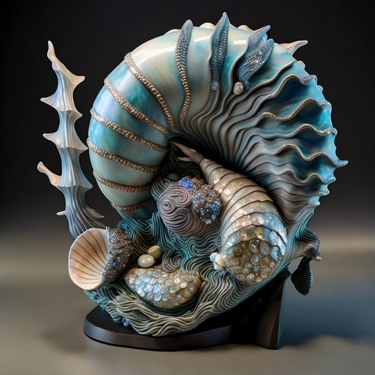 Marine-themed sculpture with intricate swirling motifs in blues, whites, and browns