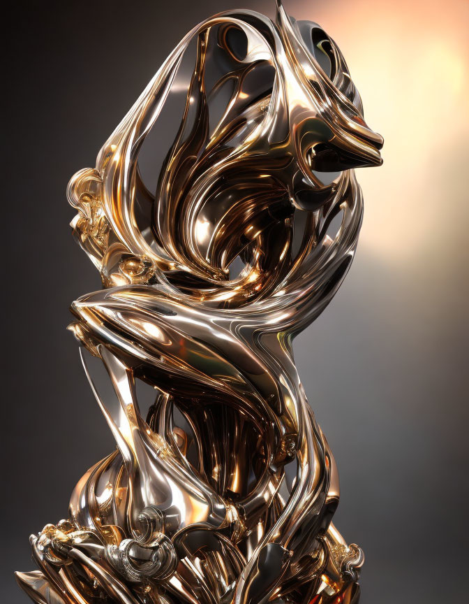 Abstract glossy sculpture with intertwined metallic shapes on gradient background