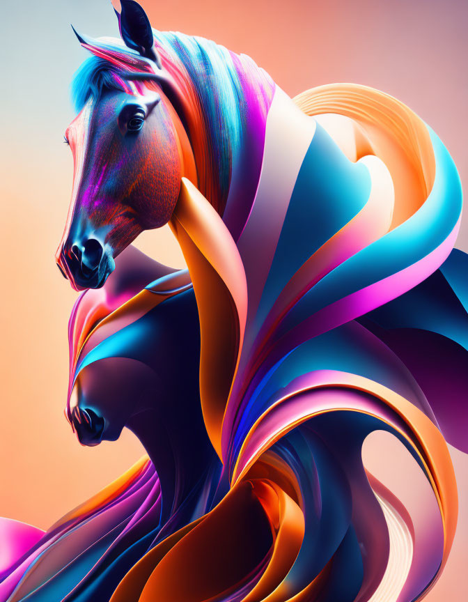 Colorful digital artwork: Horse with neon pink, blue, and orange mane on gradient backdrop