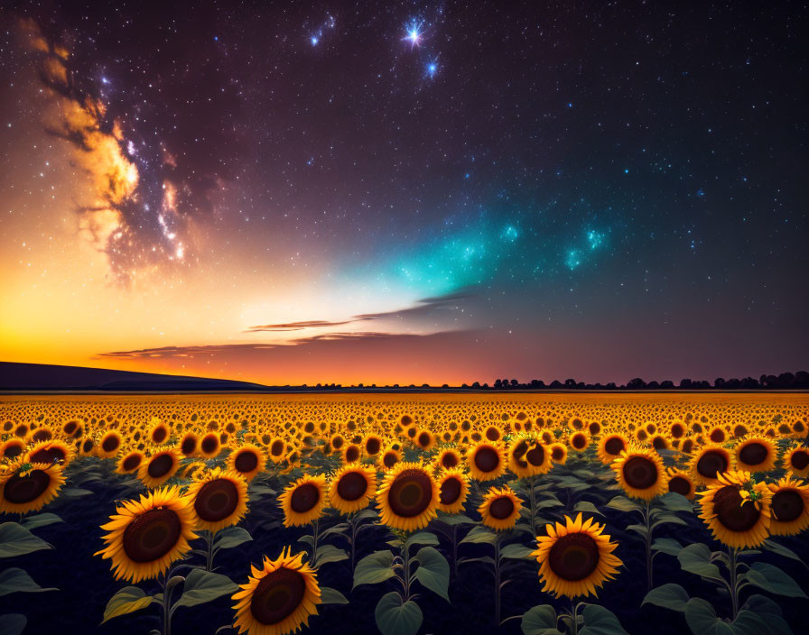 Starry Night Sky over Blooming Sunflowers at Twilight