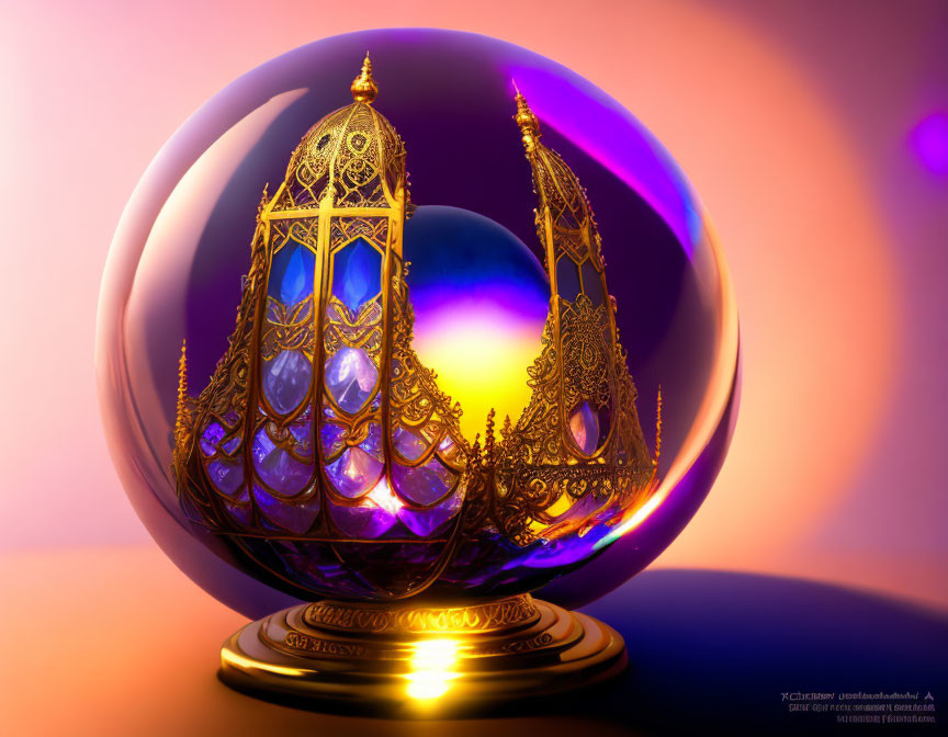 Golden Filigree Egg with Pearl Inlays on Elegant Stand on Pink and Purple Gradient Background