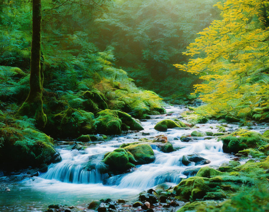 Tranquil forest waterfall with mossy rocks & lush greenery