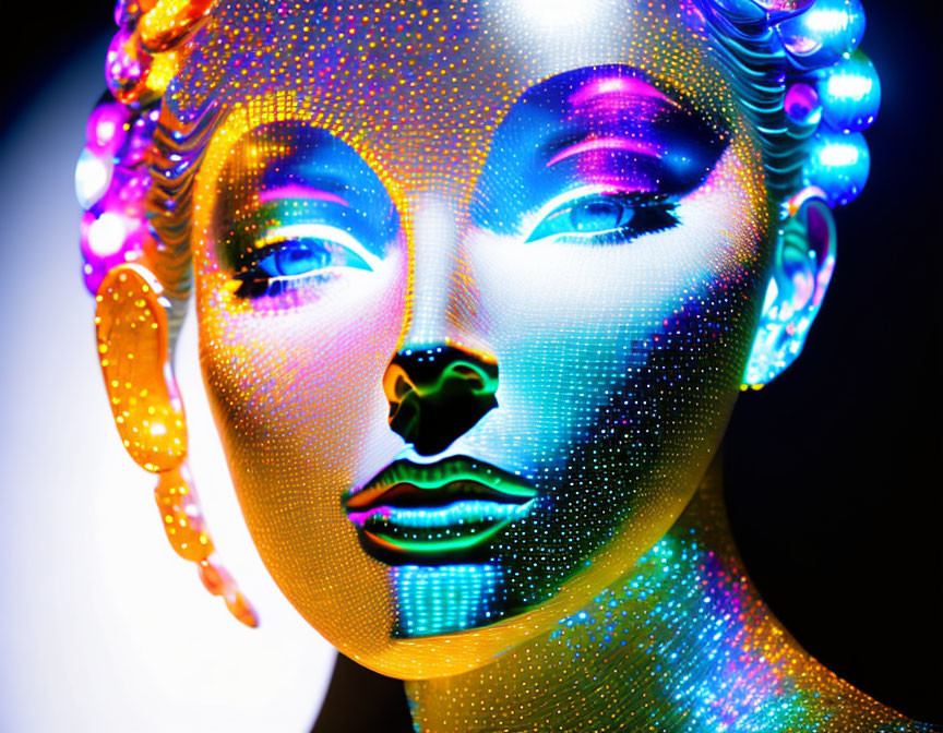 Colorful face with dotted texture from light projection