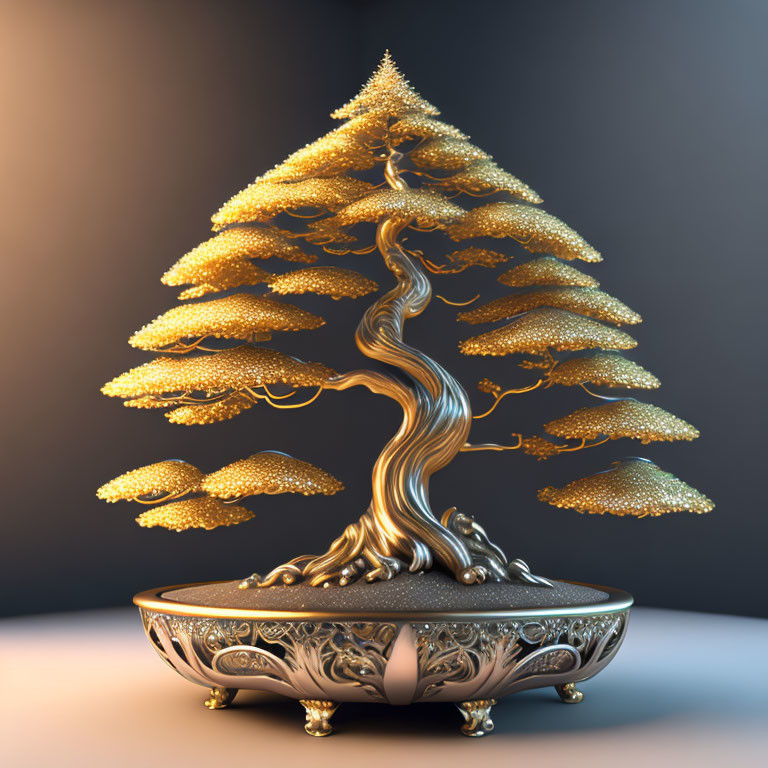 Golden Bonsai Tree 3D Rendering with Swirling Trunk and Ornate Foliage