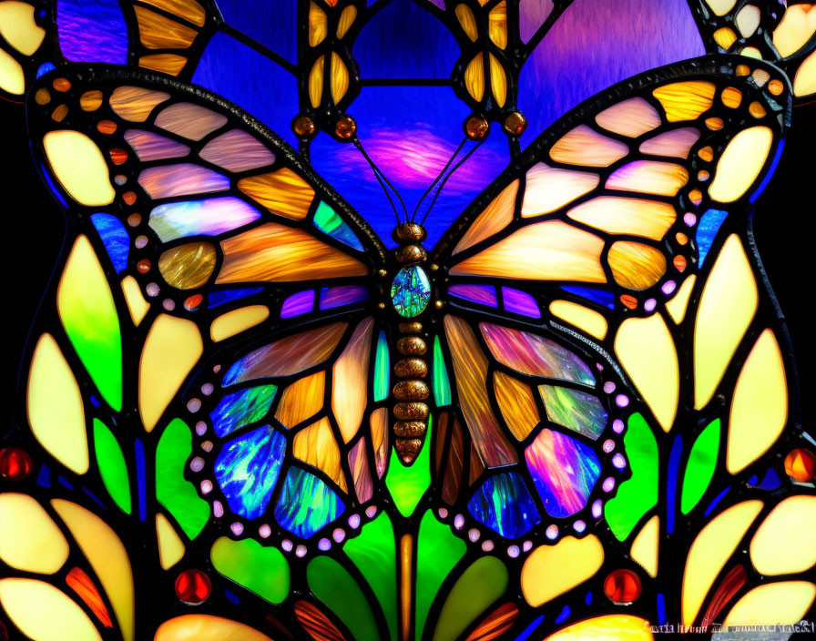 Colorful Butterfly Stained Glass Artwork Displayed