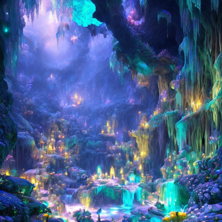 Ethereal blue and purple-lit cavern with waterfalls & glowing structures