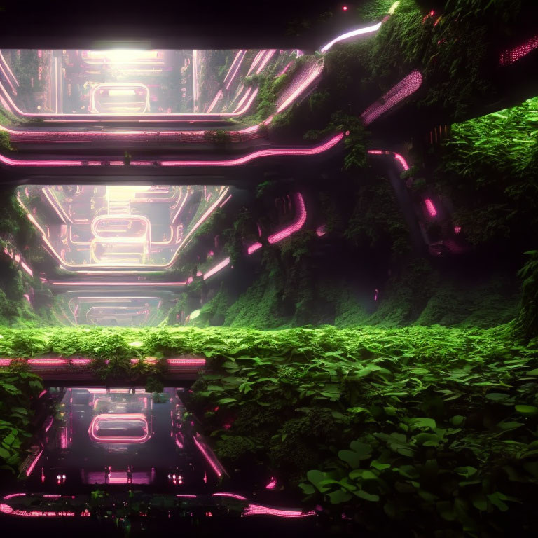 Futuristic corridor with green overgrowth, neon pink lighting, and advanced circuitry.