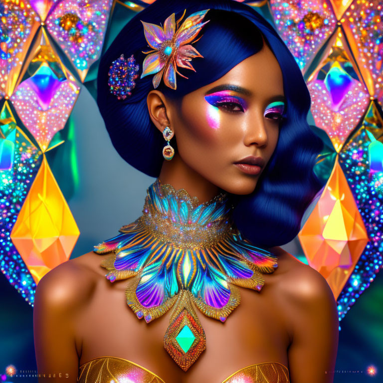 Colorful woman with vibrant makeup and jeweled accessories on kaleidoscopic backdrop