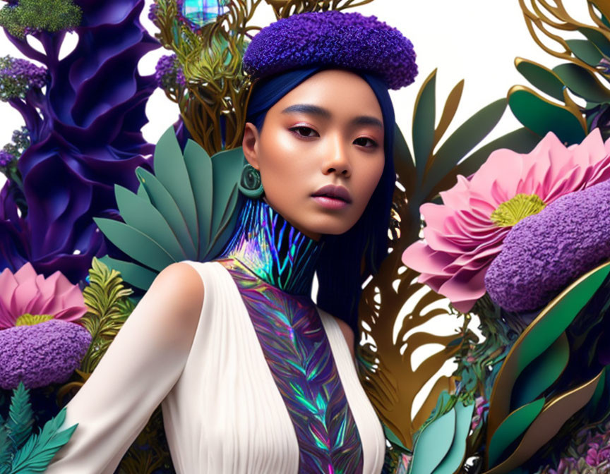 Woman with Blue Headband and Large Earrings Surrounded by Vibrant Floral Graphics