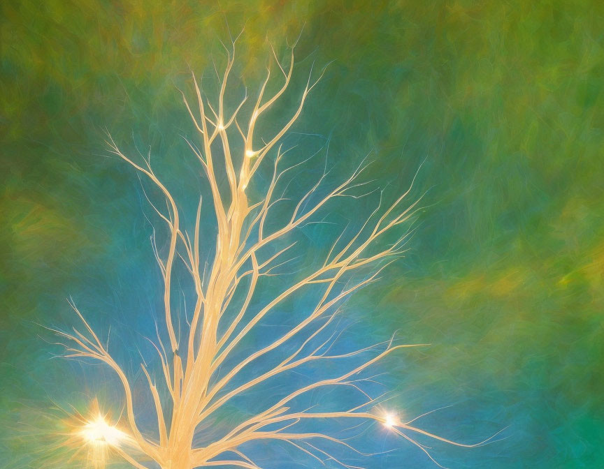 Stylized bare tree with glowing branches on soft green and blue background