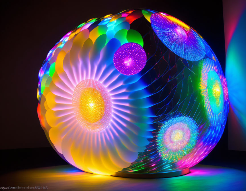 Vibrant illuminated spheres with intricate patterns in dark room