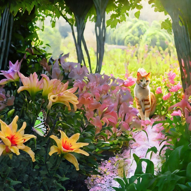 Cat with hat strolling garden path among pink and yellow flowers with butterfly