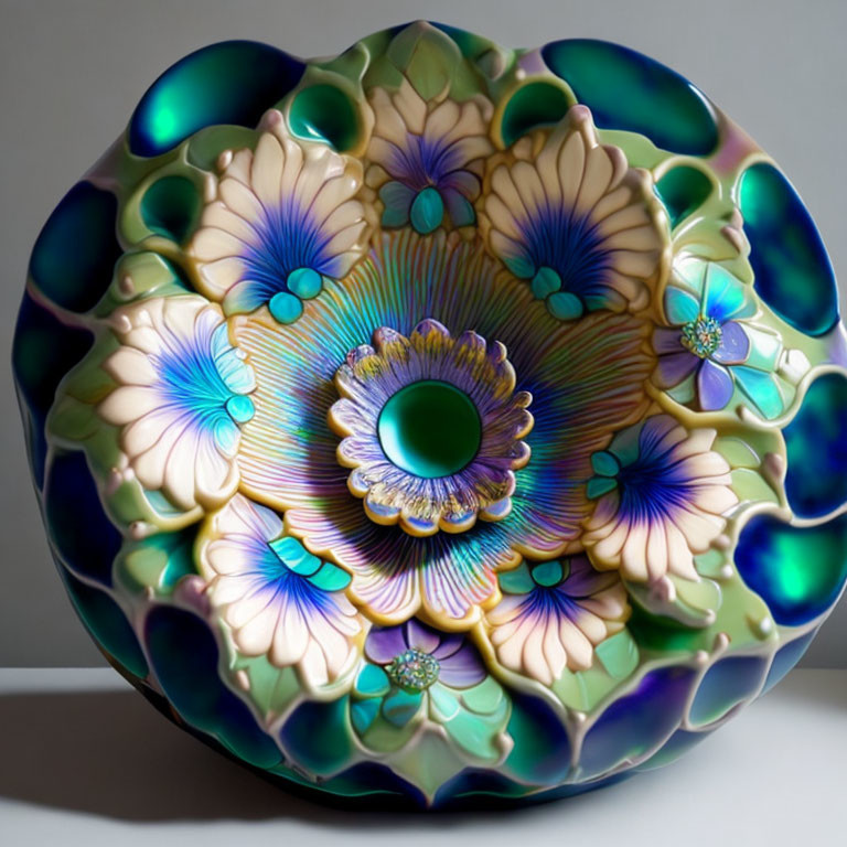 Colorful Floral Pattern Glass Sculpture Plate with Intricate Details