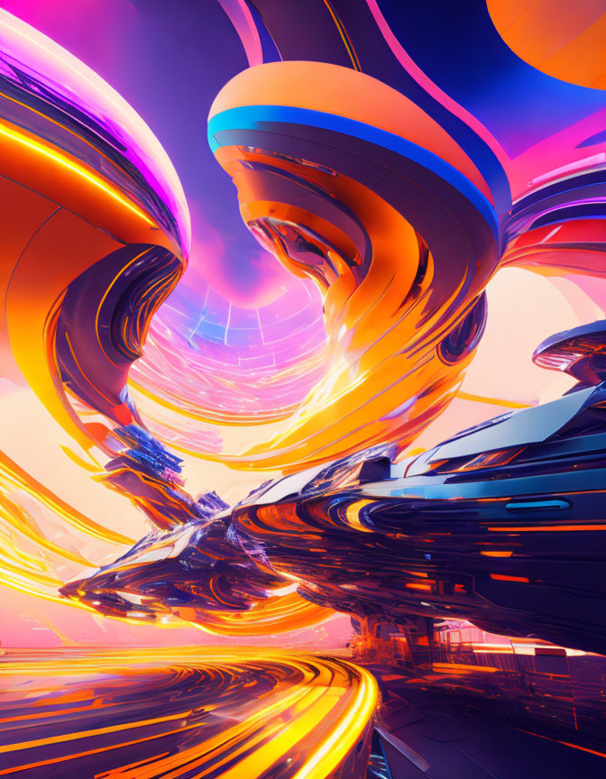 Abstract digital art: Vibrant orange, purple, and yellow shapes with futuristic architecture.