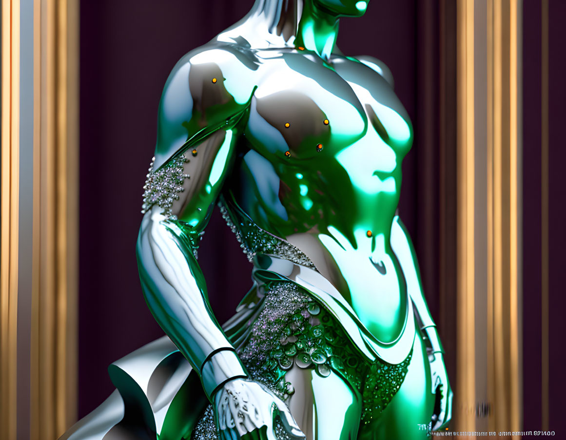 Futuristic metallic humanoid figure in green and silver tones