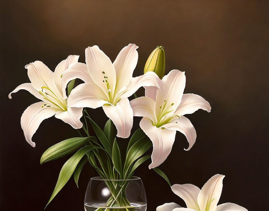 White lilies in clear glass vase on dark background