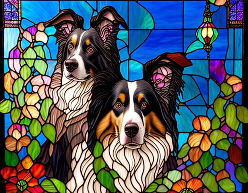 Border Collie Dogs in Colorful Stained Glass Artwork