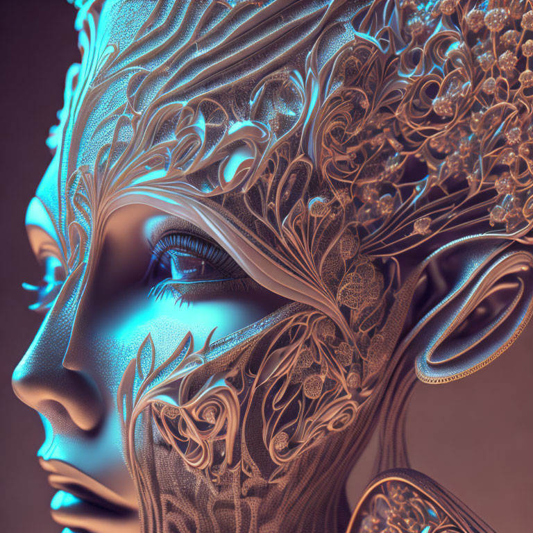 Intricate metallic mask with glowing blue eye profile view