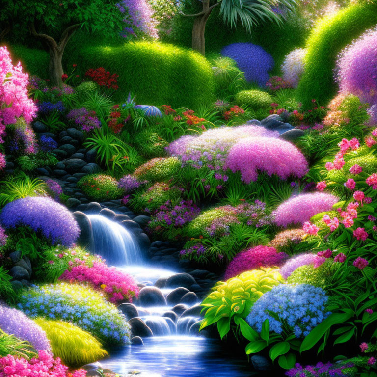 Colorful Flower Garden with Cascading Stream