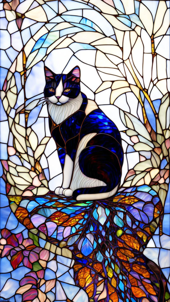 Colorful stained glass style image: Black and white cat on branch with vibrant mosaic backdrop