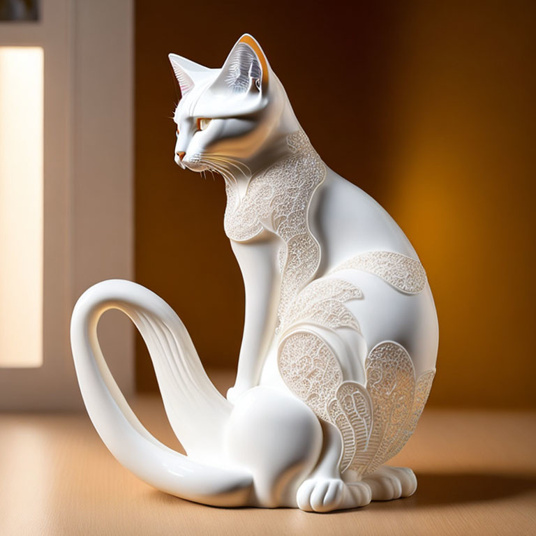 Intricate White Porcelain Cat Figurine with Lace-like Patterns