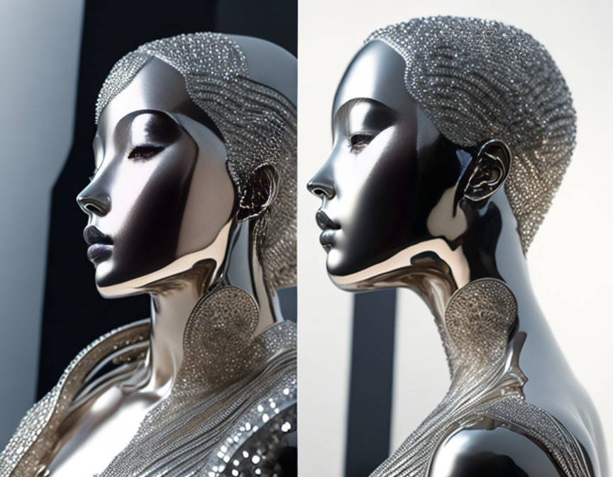 Futuristic silver female androids under dramatic lighting