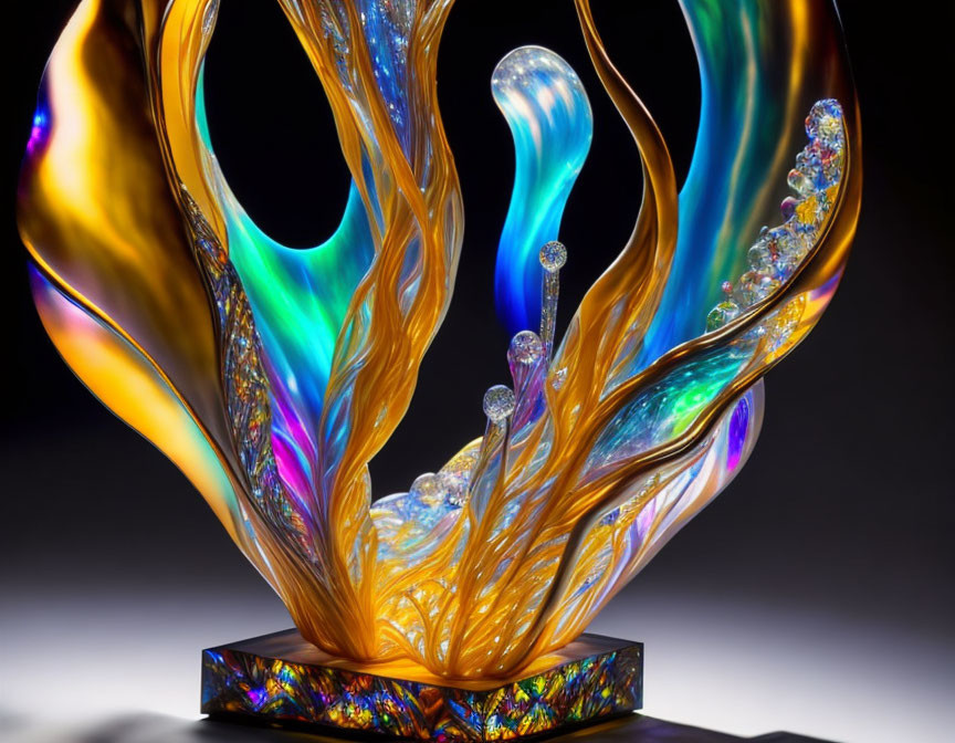 Colorful Glass Sculpture with Swirling Gold, Blue, and Iridescent Patterns