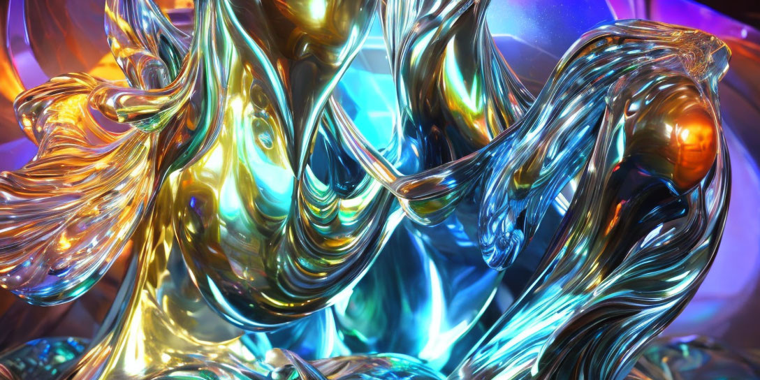 Abstract metallic fluid shapes in blues and golds with dynamic curves.