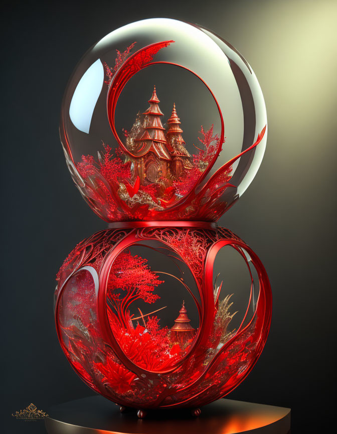 Ornate glass spheres with red sculptures and architectural designs on reflective surface