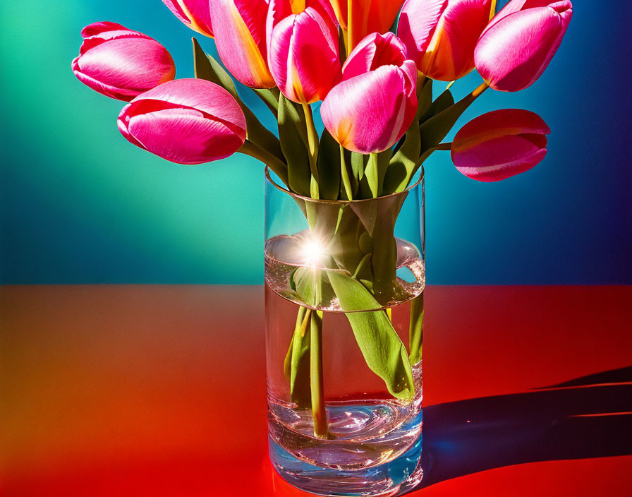 Pink tulips in clear glass vase on red and teal background with reflection