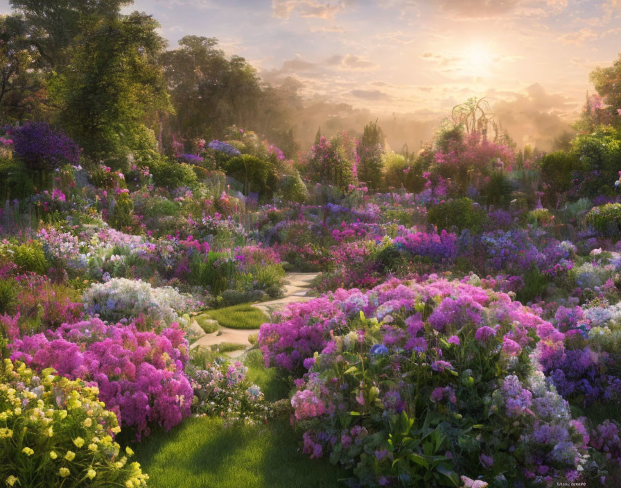 Vibrant garden with colorful flowers at sunset