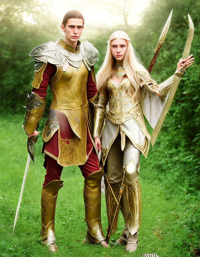 Fantasy-themed image of two individuals in elf-like armor with bows in lush forest