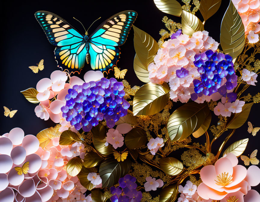 Colorful butterfly on golden leaves and flowers against dark background