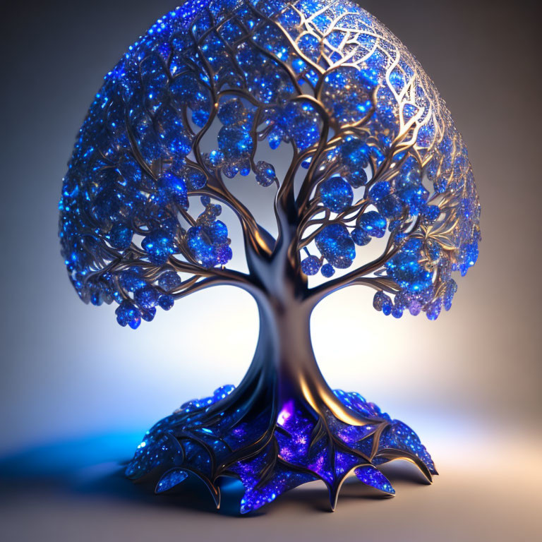 Stylized digital artwork: Luminous blue tree on gradient background