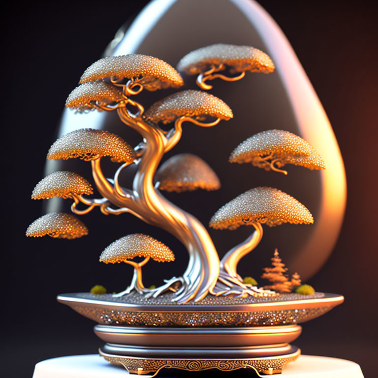 Stylized bonsai-like tree with multiple canopies in egg-shaped frame