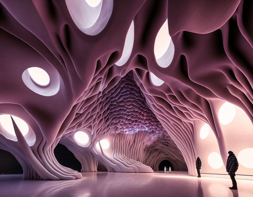 Organic Pink-Hued Futuristic Interior with Circular Ceiling Openings