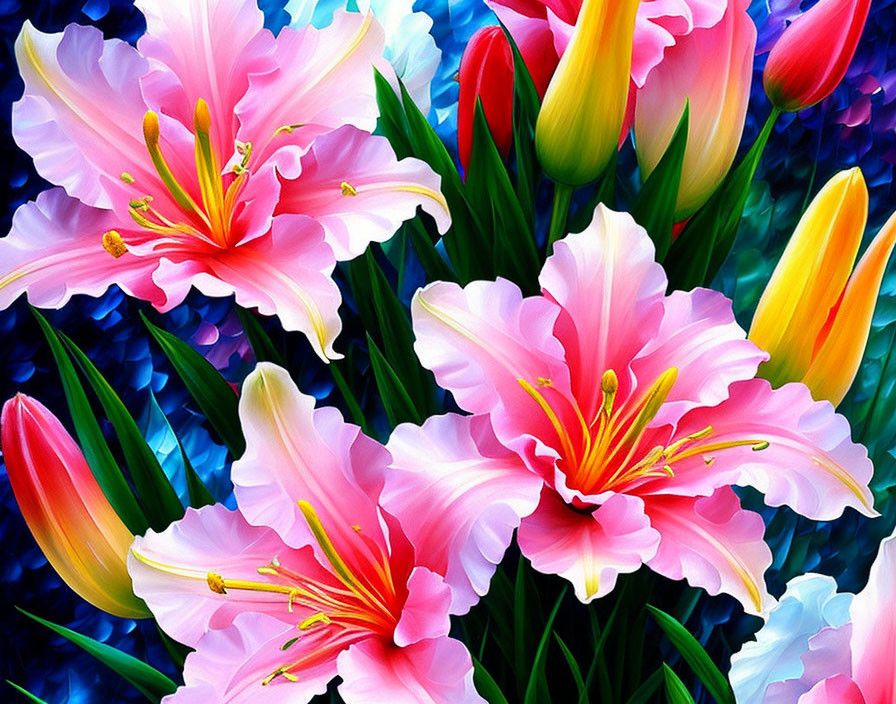 Detailed Painting of Pink Lilies with Stamens in Greenery and Buds on Blue Background