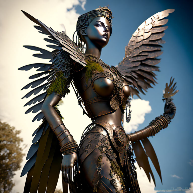 Majestic female warrior in metallic armor with feathered wings.