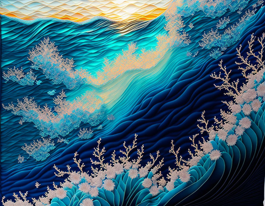 Vibrant blue ocean and white coral in sunset sky paper art