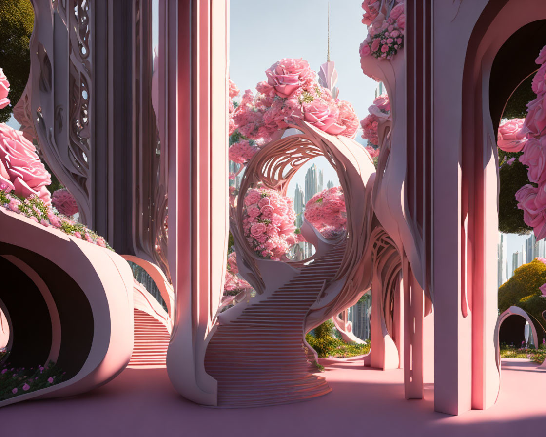 Whimsical pink garden with oversized flowers and swirling staircase.